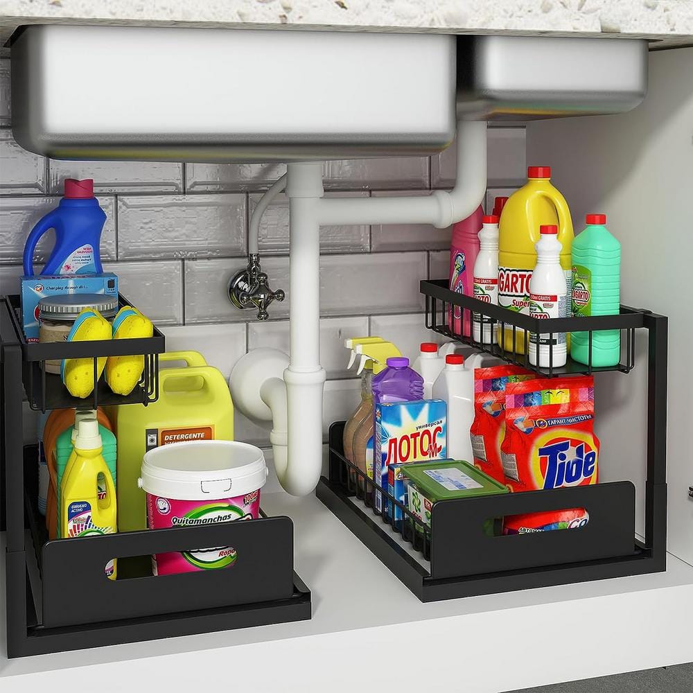 11 in. x 10.6 in. Under Sink Organizer and Storage in Black Metal 2-Pack for Kitchen Bathroom Cabinet - Hercitys