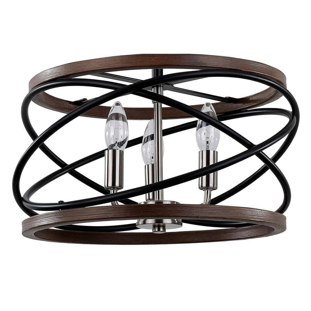 15.75 in. 3-Light Brushed Nickel and Walnut Ringed Candelabra Semi- Flush Mount - Hercitys