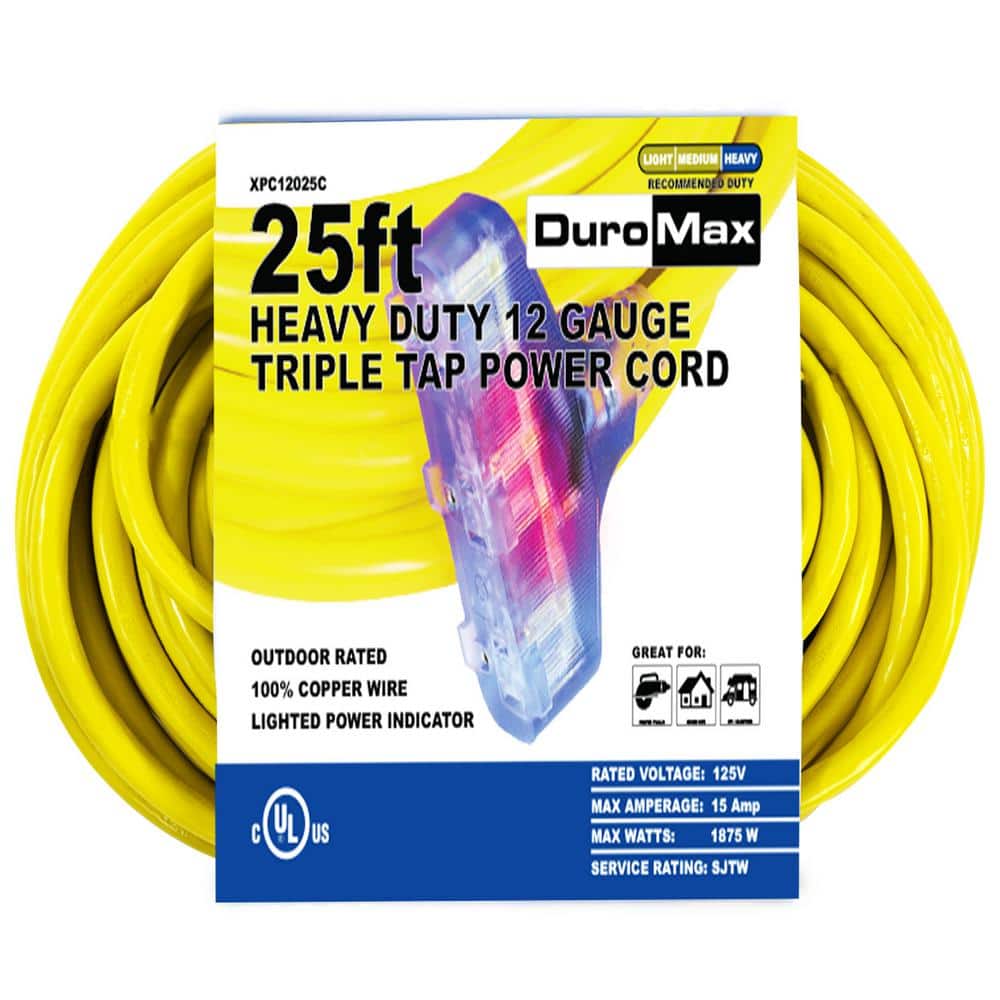 25 ft. 12 Gauge Portable Generator Triple Tap Extension Power Cord - Hercitys