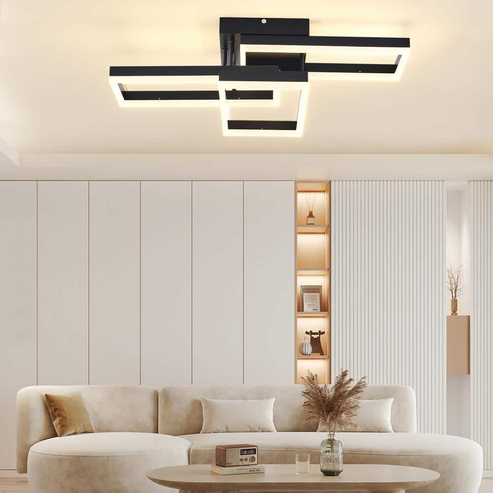 27.55 in. 1-Light Black Modern Rectangle Dimmable Selectable LED Semi-Flush Mount Ceiling Light for Bedroom Living Room - Hercitys