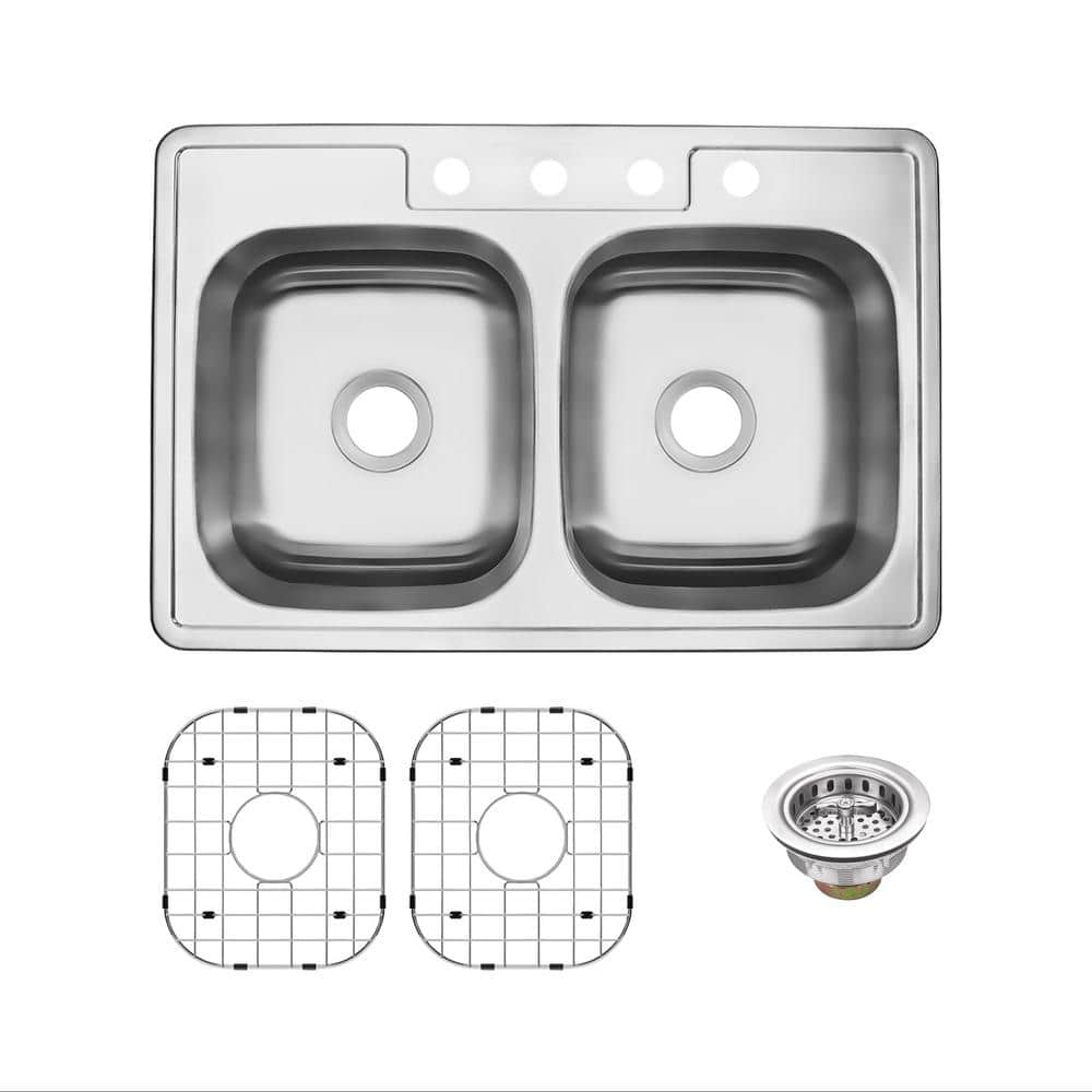 33 in. Drop-In Double Bowl 50/50-20-Gauge Stainless Steel Kitchen Sink with Bottom Grids - Hercitys