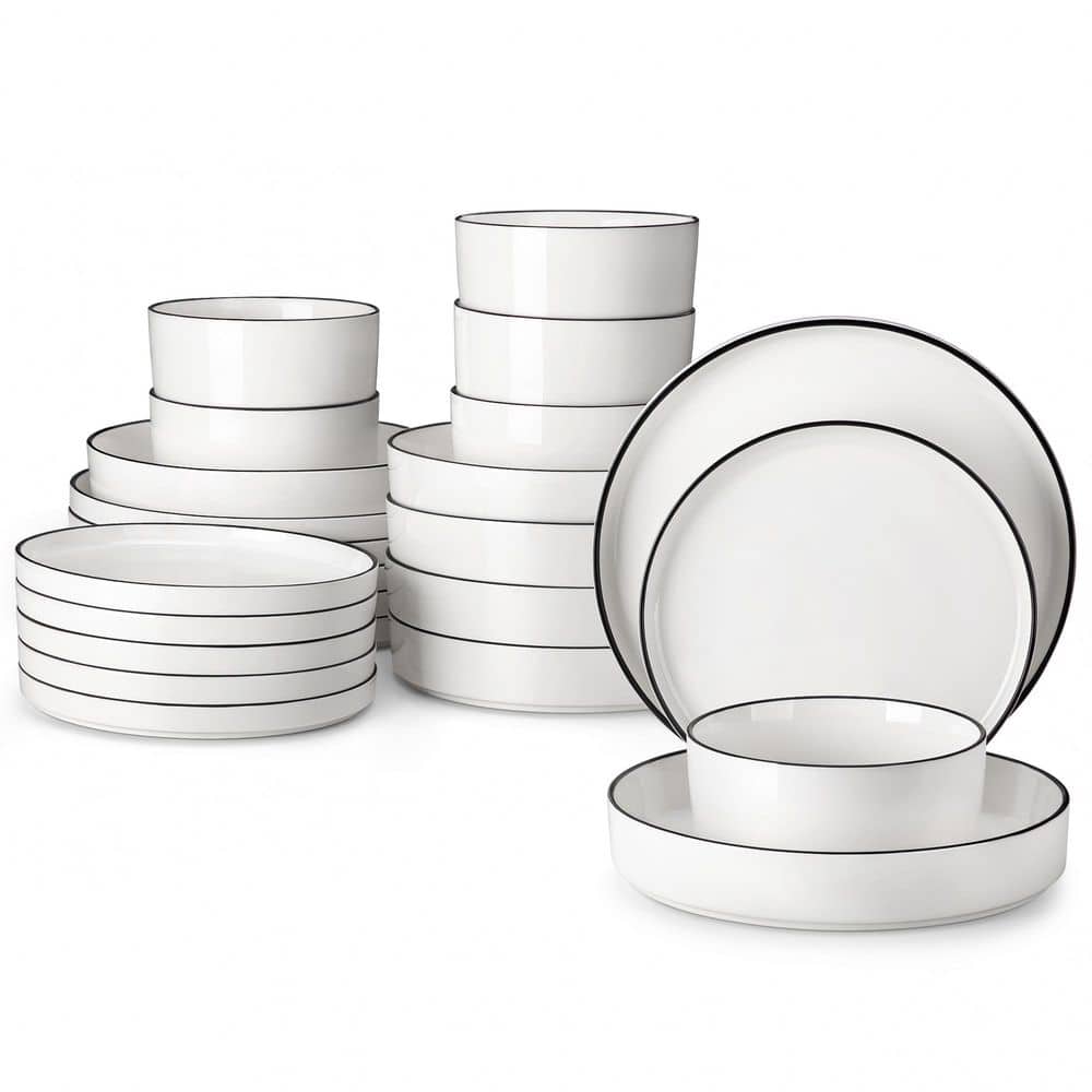 24-Piece White Color Black Rim Porcelain Dinnerware Set Service for 6 Tableware Bowls and Plates Dinner Set - Hercitys