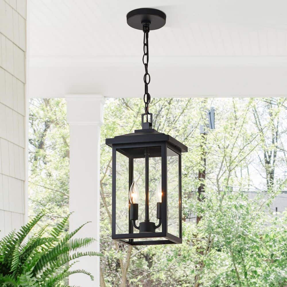 16.25 in. 2-Light Black Outdoor Lantern Pendant Light with Glass Shade - Hercitys