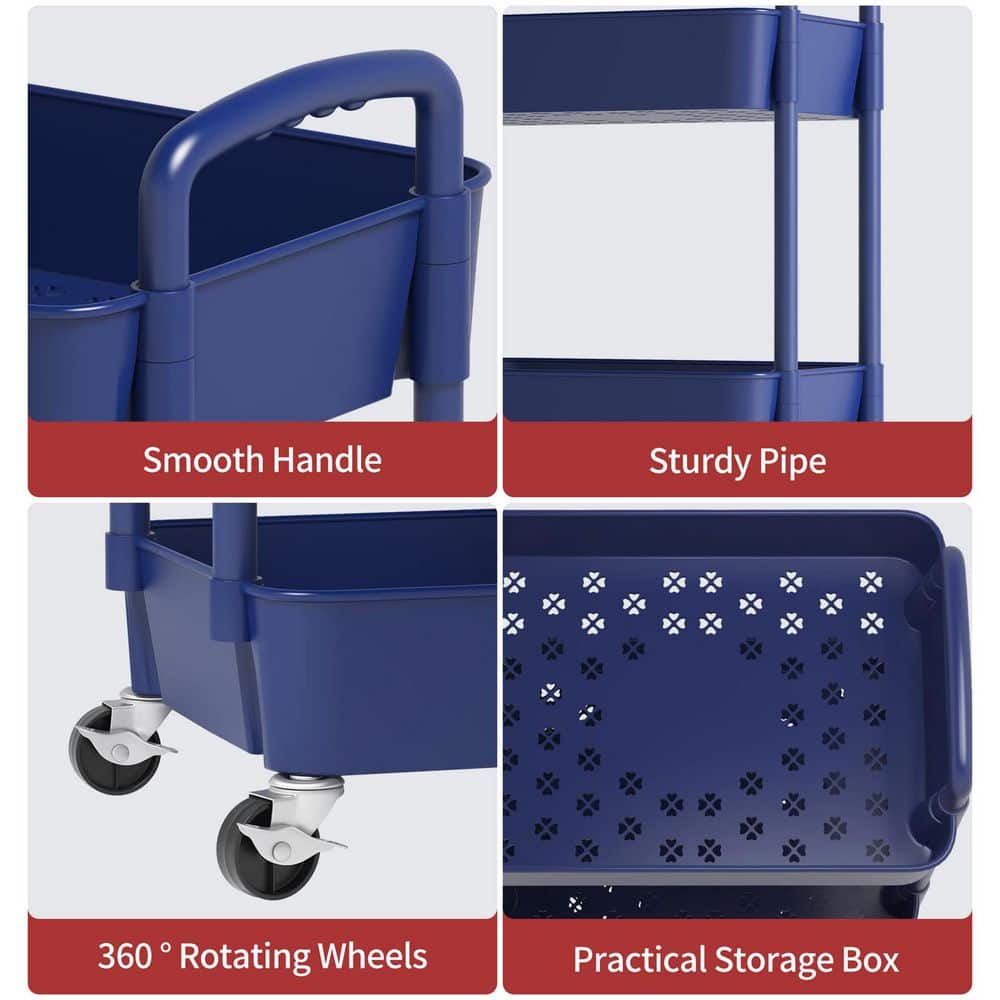 3-Tier Plastic -Wheeled Storage Utility Cart in Blue - Hercitys