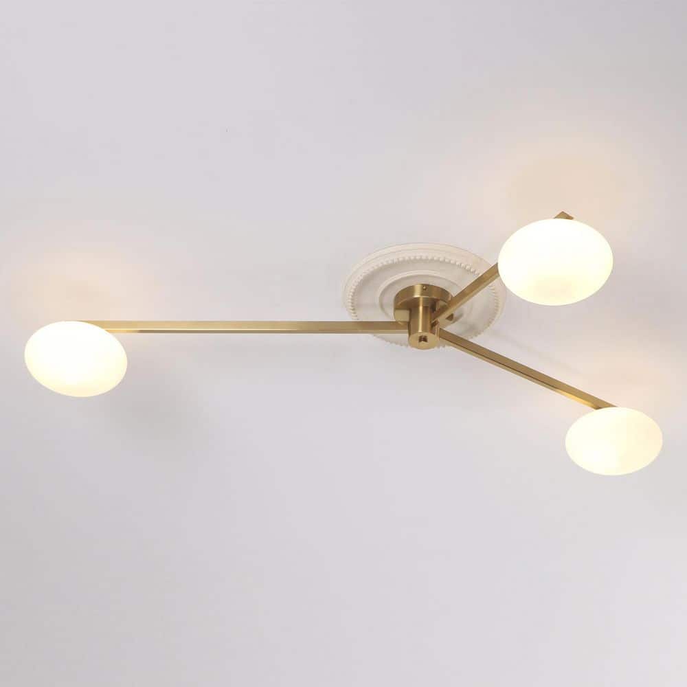 55 In. 3-Light Brass Chandelier Semi-Flush Mount with White Glass Shade, G9 Bulb Base - Hercitys