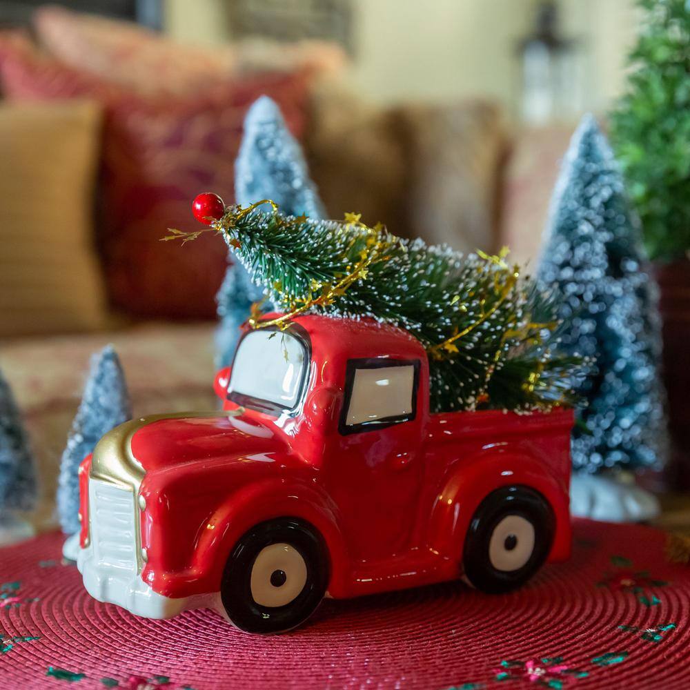 10 in. L x 7 in. H Ceramic Christmas Tree Truck in Red - Hercitys