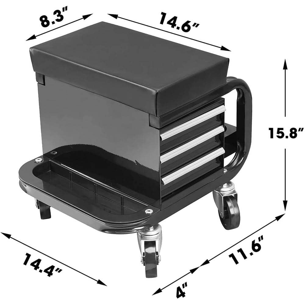 350 lbs. 14.6 in. L 3-Drawer Rolling Mechanic Creeper Seat with Can Organizer - Hercitys