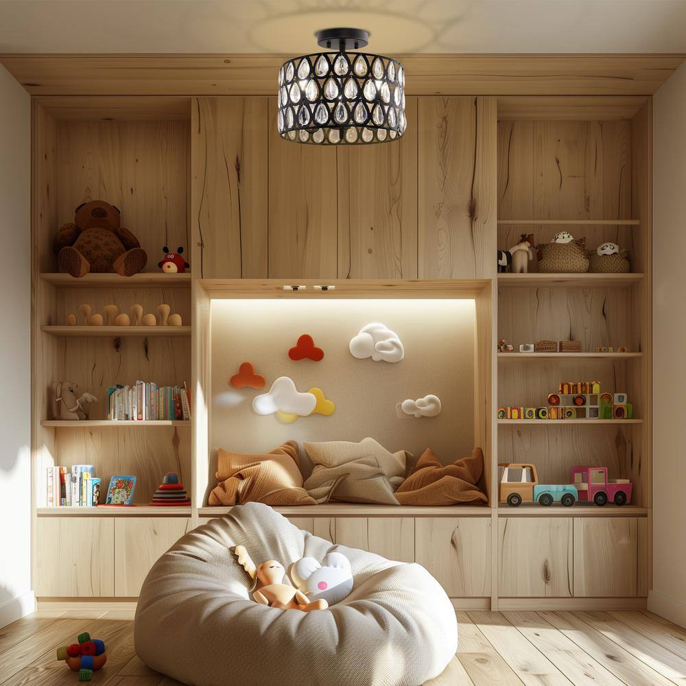 12 in. 3-Light Matte Black Semi-Flush Mount Ceiling Light with Teardrop Crystal Accents, E12 Base, No Bulbs Included - Hercitys