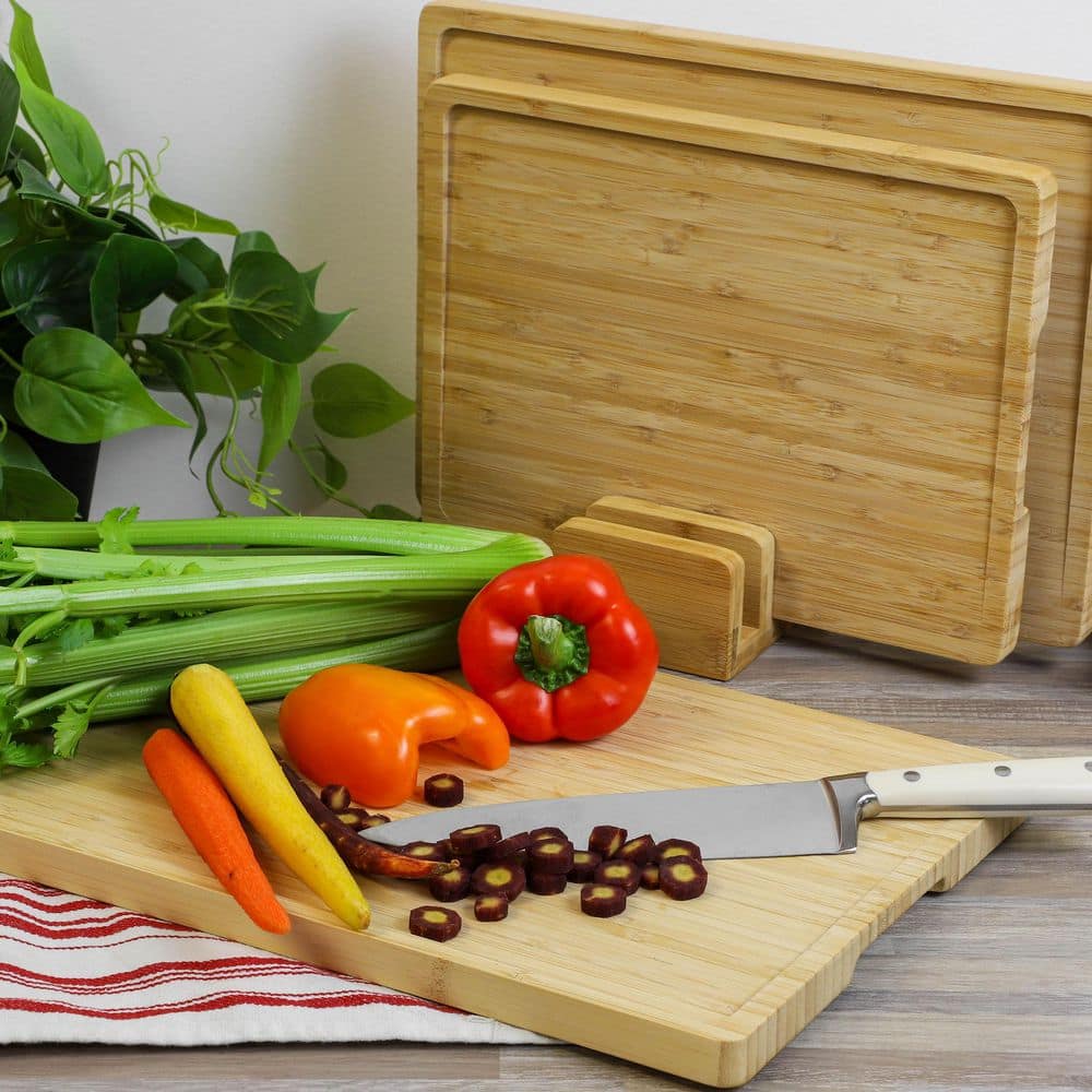 3-Piece Natural Bamboo Cutting Board Set with Base - Hercitys