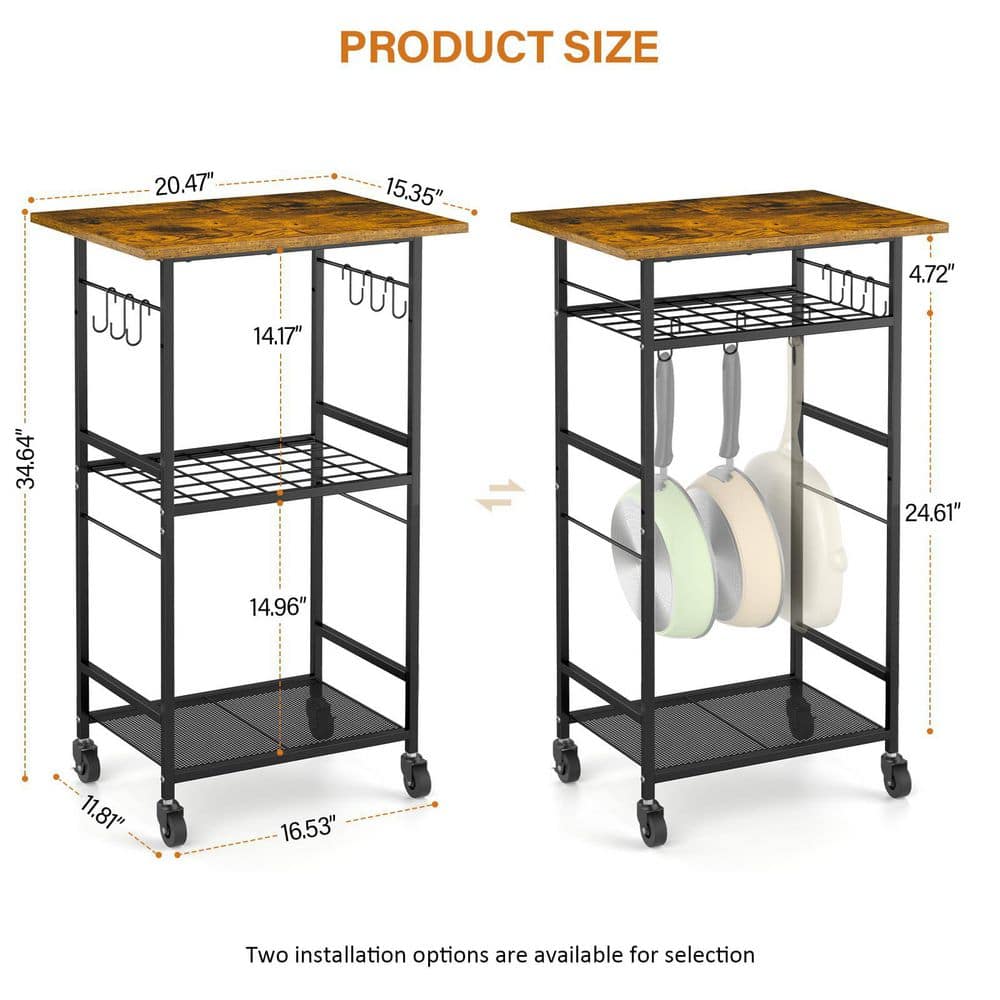 3-Tier Black and Brown Rolling Kitchen Microwave Cart with Wheels and Hooks, Microwave Table Stand with Adjustable Shelf - Hercitys