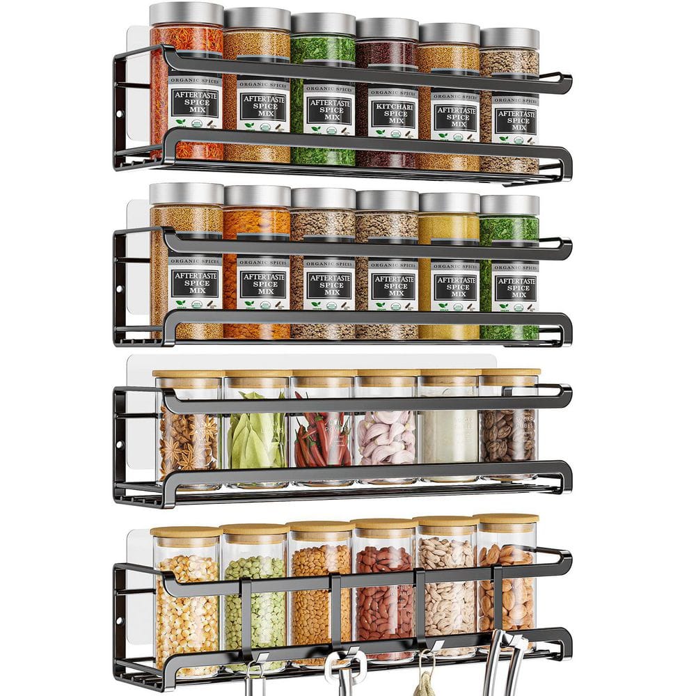 4-Pack Black Wall Mounted Spice Rack, Space-Saving Spice Organizer, Screw or Adhesive Hanging Spice Rack Organizer - Hercitys