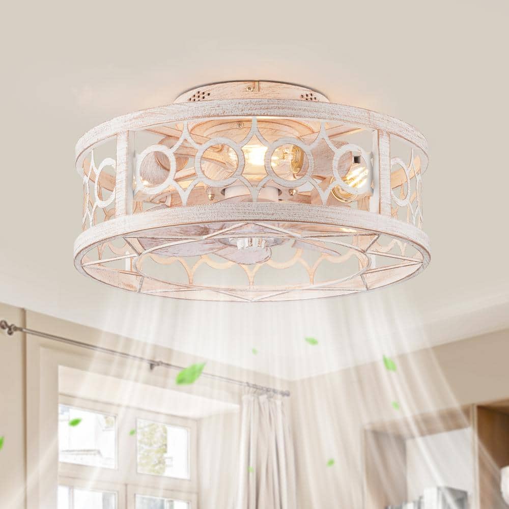 16 in. Indoor White Gold Caged Flush Mount Modern Ceiling Fan with Light Kit and Remote Control - Hercitys