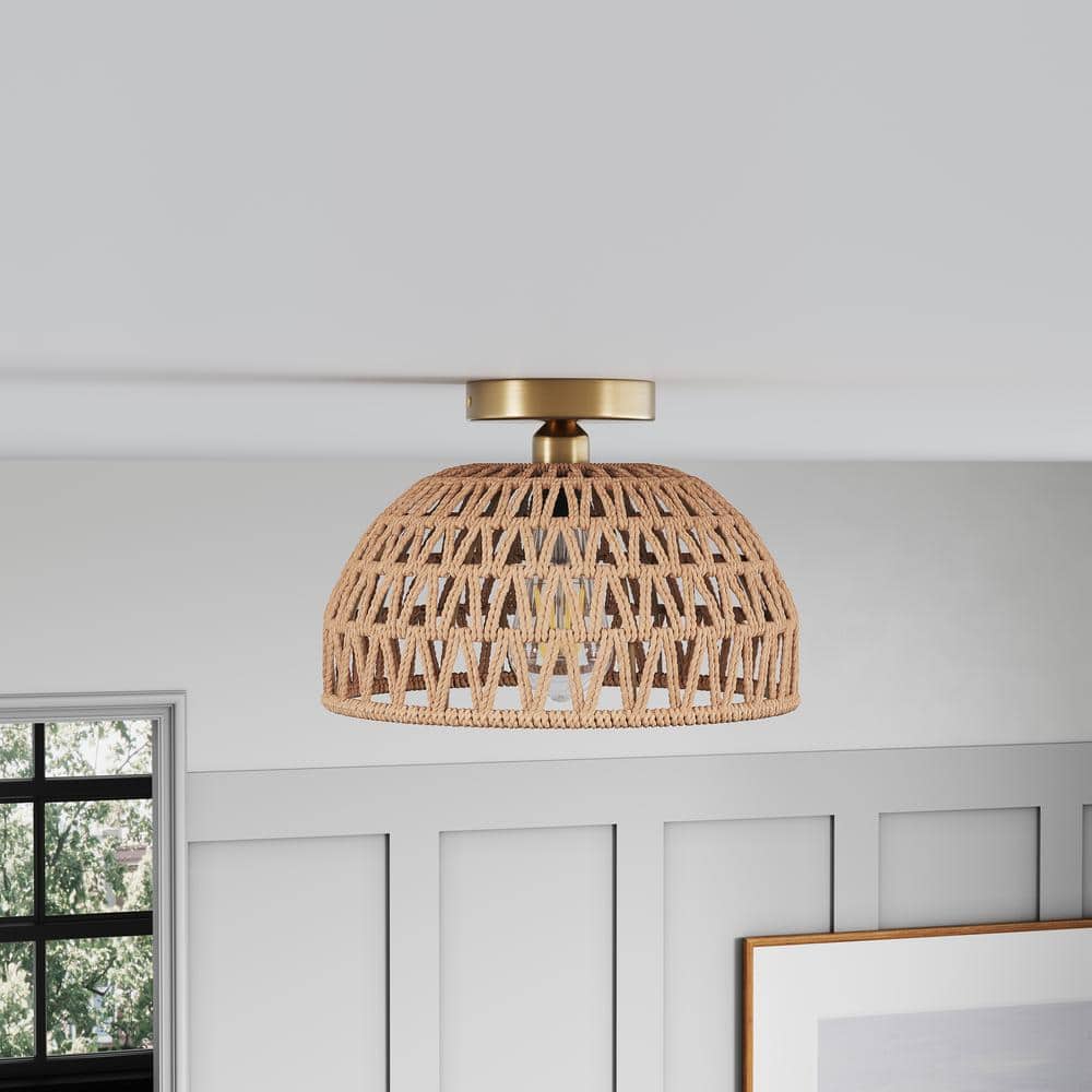 11.02 in. 1-Light Handmade Woven Boho Semi-Flush Mount Rustic Rattan Ceiling Light - Hercitys