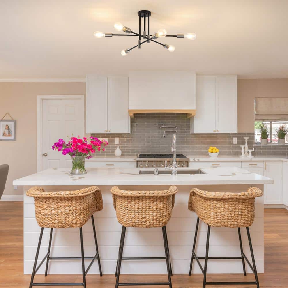 27.56 in. 6-Light Modern Black/Nickel Semi-Flush Mount for Bedroom Foyer with No Bulbs Included - Hercitys