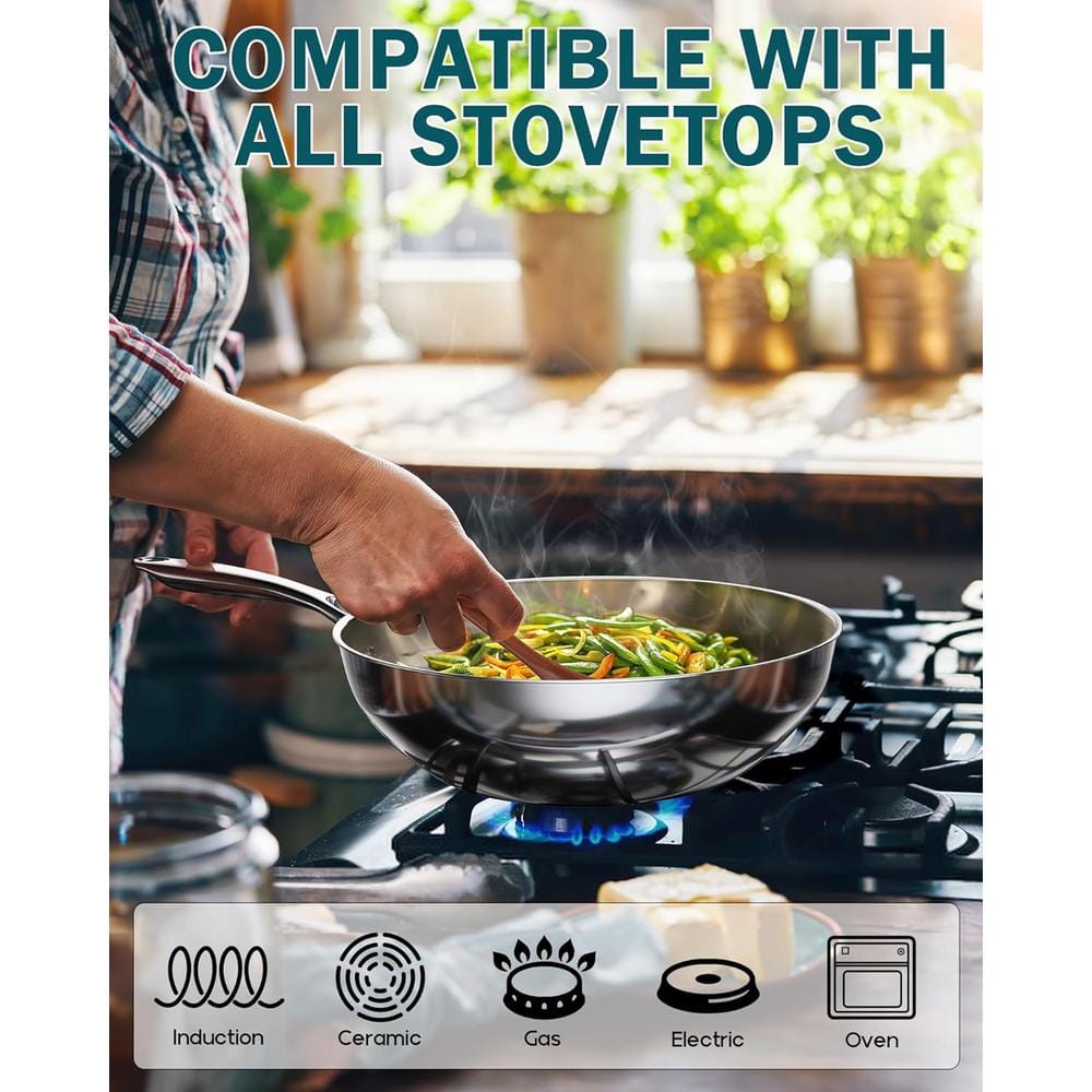 10.5 inch Multi-Ply Clad Stainless Steel Wok with Lid, Induction Compatible - Hercitys