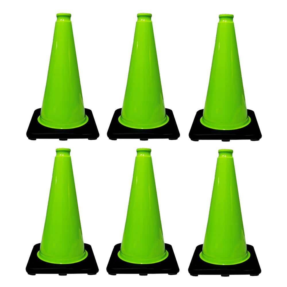18 in. Lime Green Traffic Cone with Black Base 3 lbs. (6-Pack) - Hercitys
