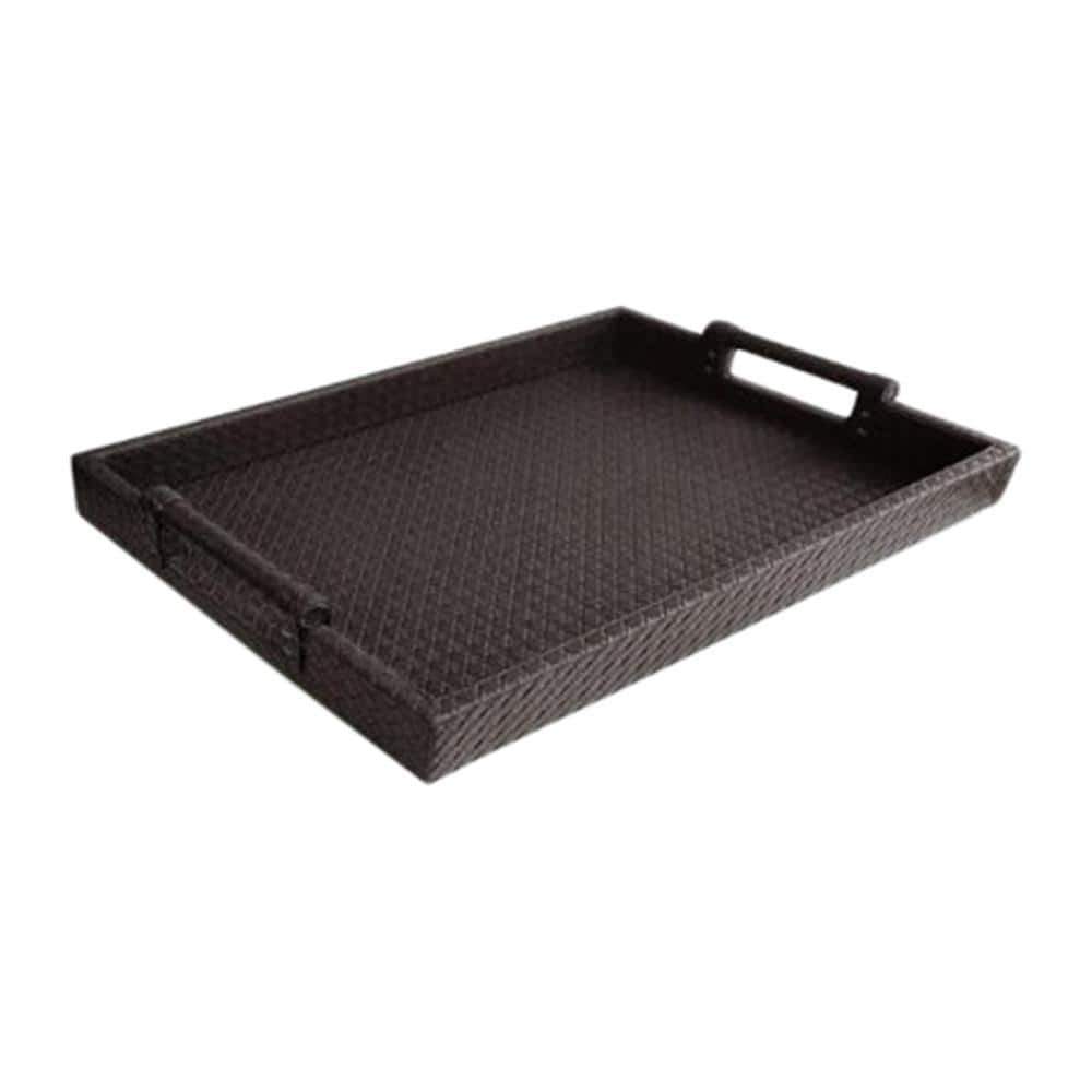 19 in. x 2 in. x 14 in. Brown Faux Leather and Polypropylene Rectangle Serving Tray with Handles - Hercitys