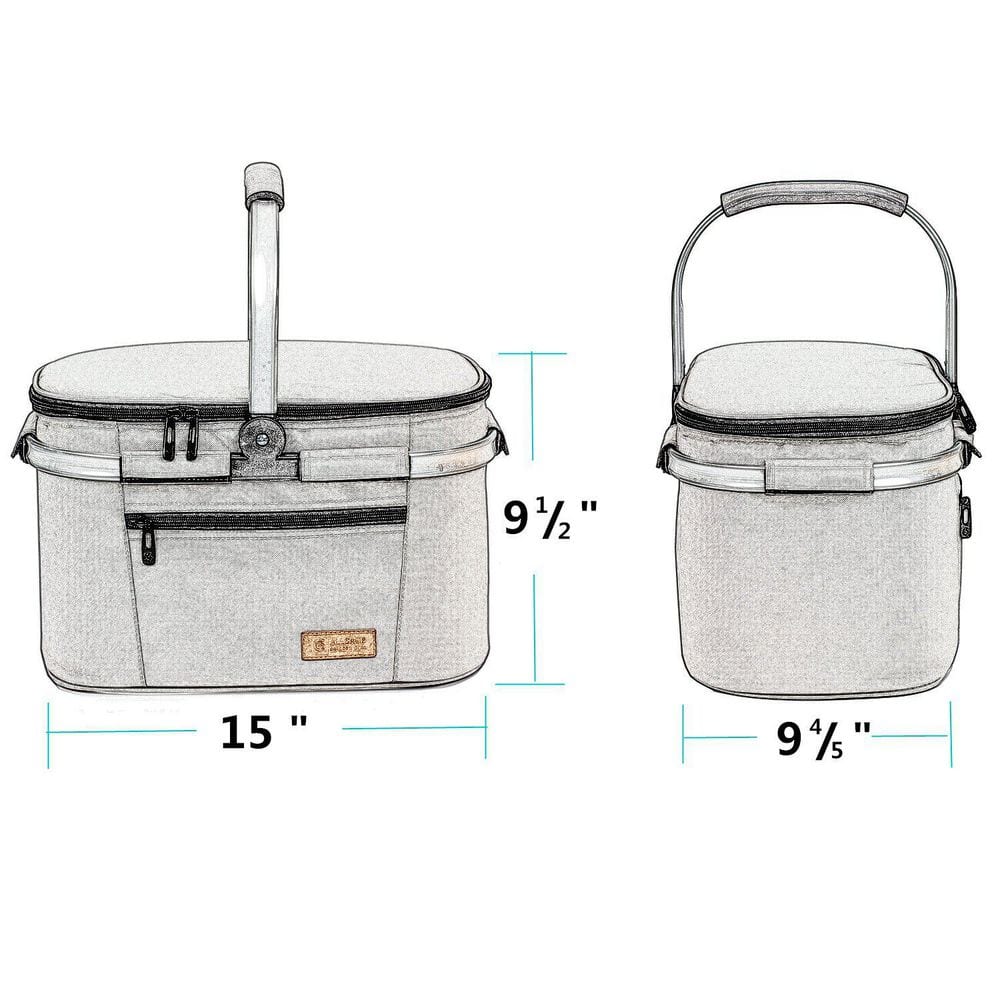 15 in. Black Portable Collapsible Polyester Picnic Basket, Leakproof Insulated Cooler Bag with Sewn - Hercitys