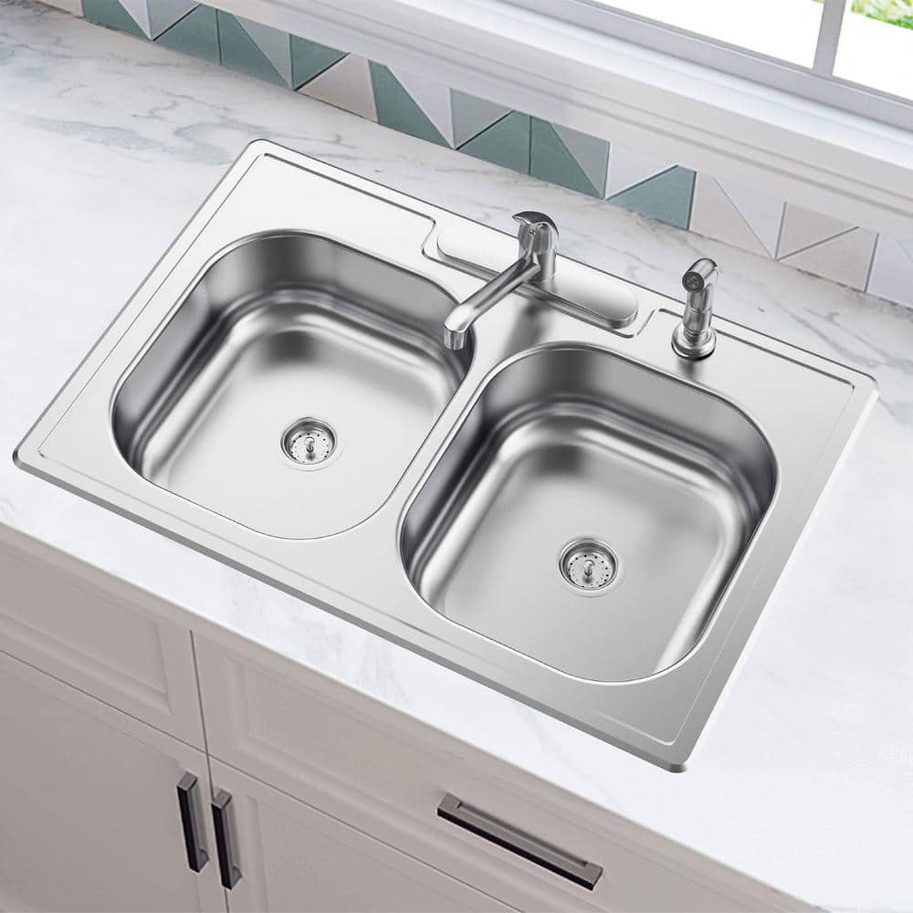 33 in. Drop-In 50/50 Double Bowl 20 Gauge Stainless Steel Kitchen Sink - Hercitys