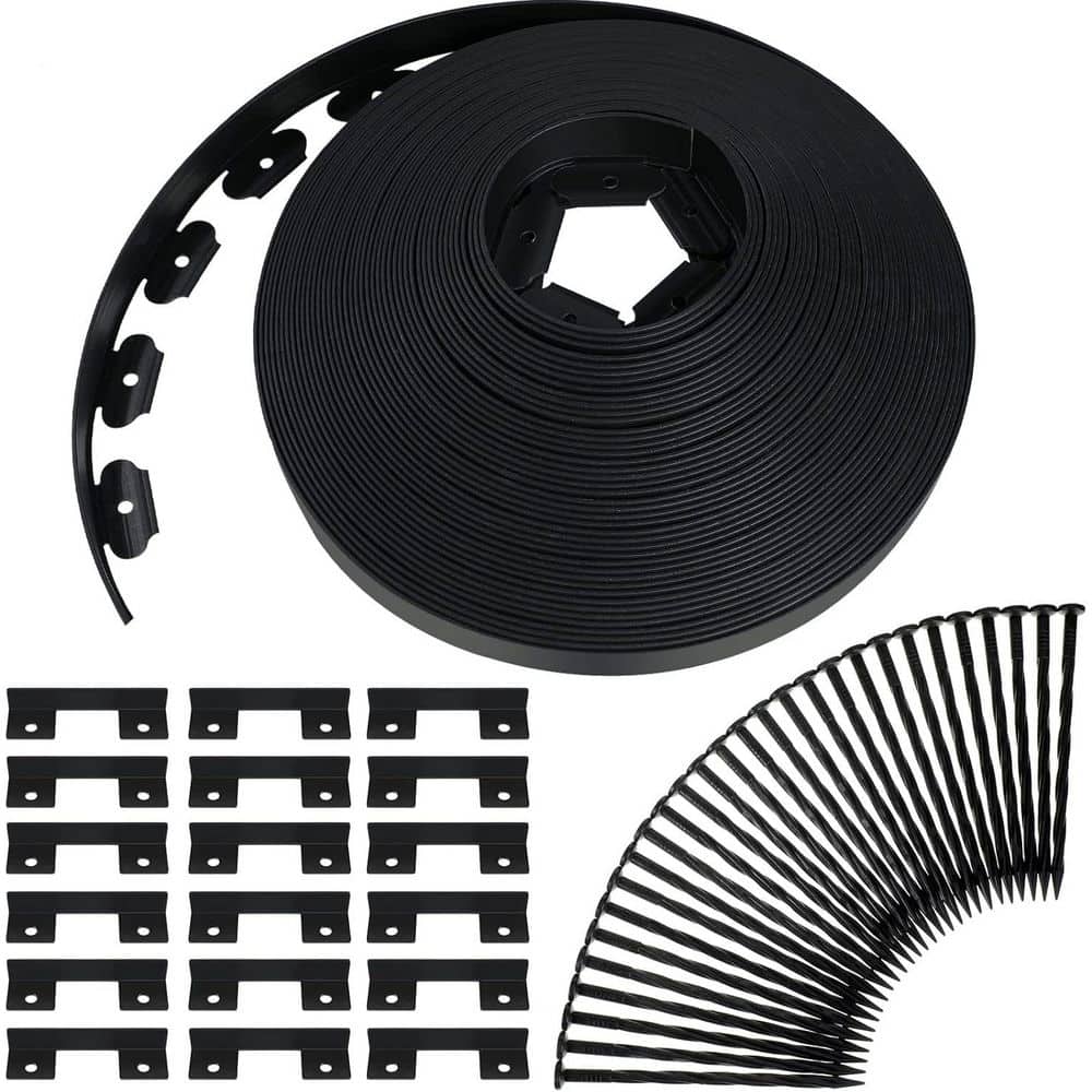148 ft. x 2 in. No Dig Black Plastic Border Landscape Edging Kit with 70 Spikes and 20 Connectors - Hercitys