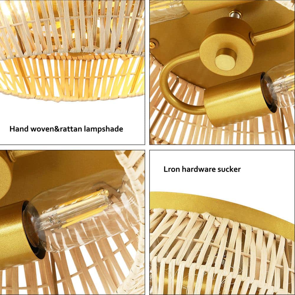 11.81 in. 2-Light Gold Farmhouse Woven Rattan Flush Mount Ceiling Light, No Bulbs Included - Hercitys