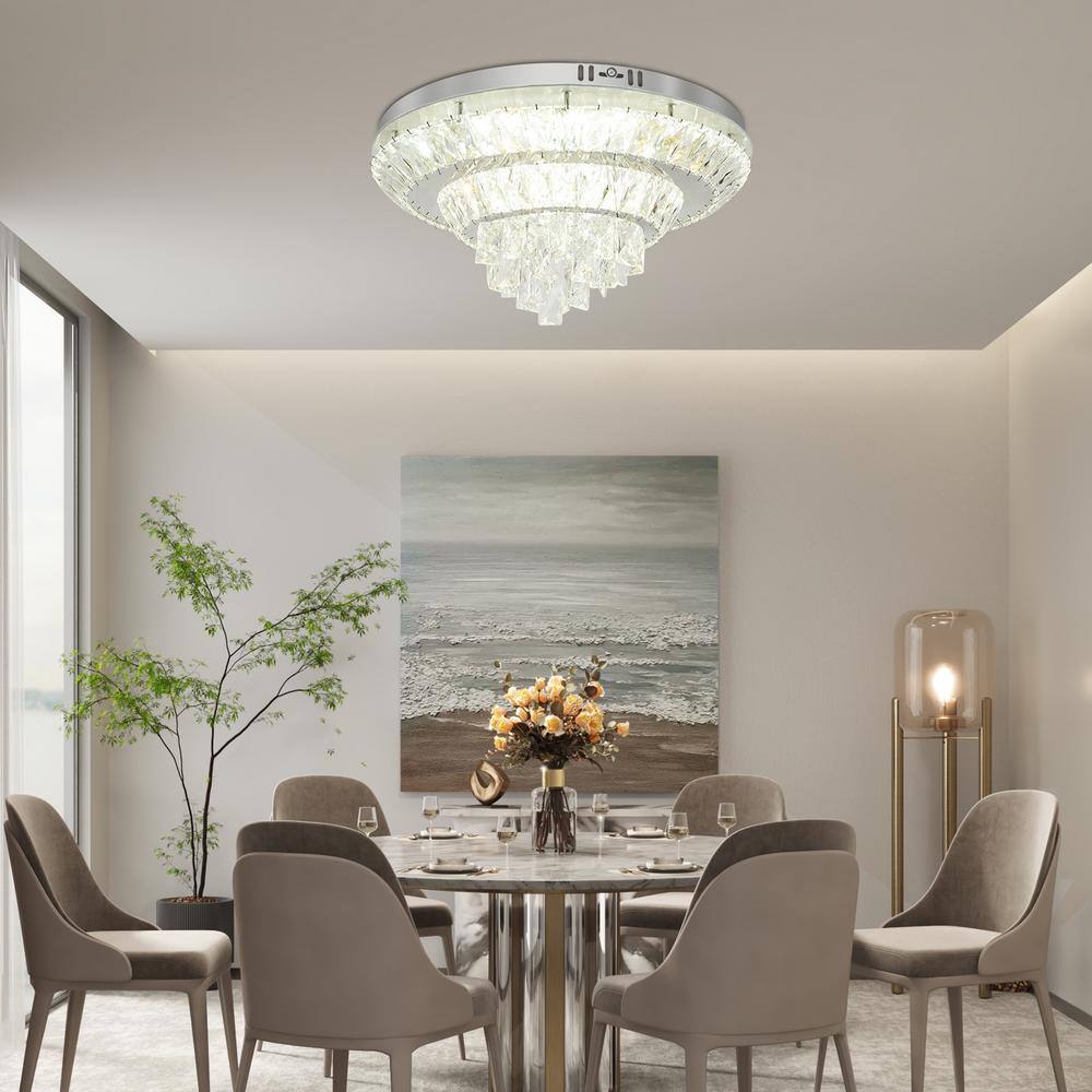 20.86 in. Chrome Modern Dimmable Crystal Flush Mount Ceiling Light with Remote for Bedroom Living Room Dining Room - Hercitys