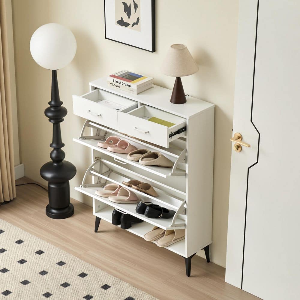 31.49 in. x 9.44 in. x 42.12 in. Freestanding Flip-Flop Shoe Cabinet in White MDF with 2 Flip-Flop-Drawers and 2-Drawers - Hercitys