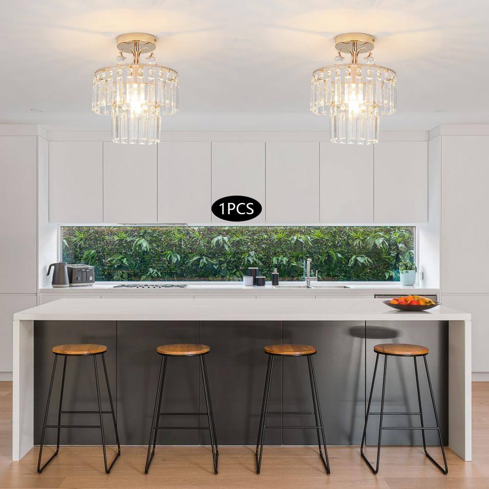 10.62 in. 1 Light Gold Modern Round Semi-Flush Mount Ceiling Light with Clear Crystal Shade and No Bulbs Included - Hercitys