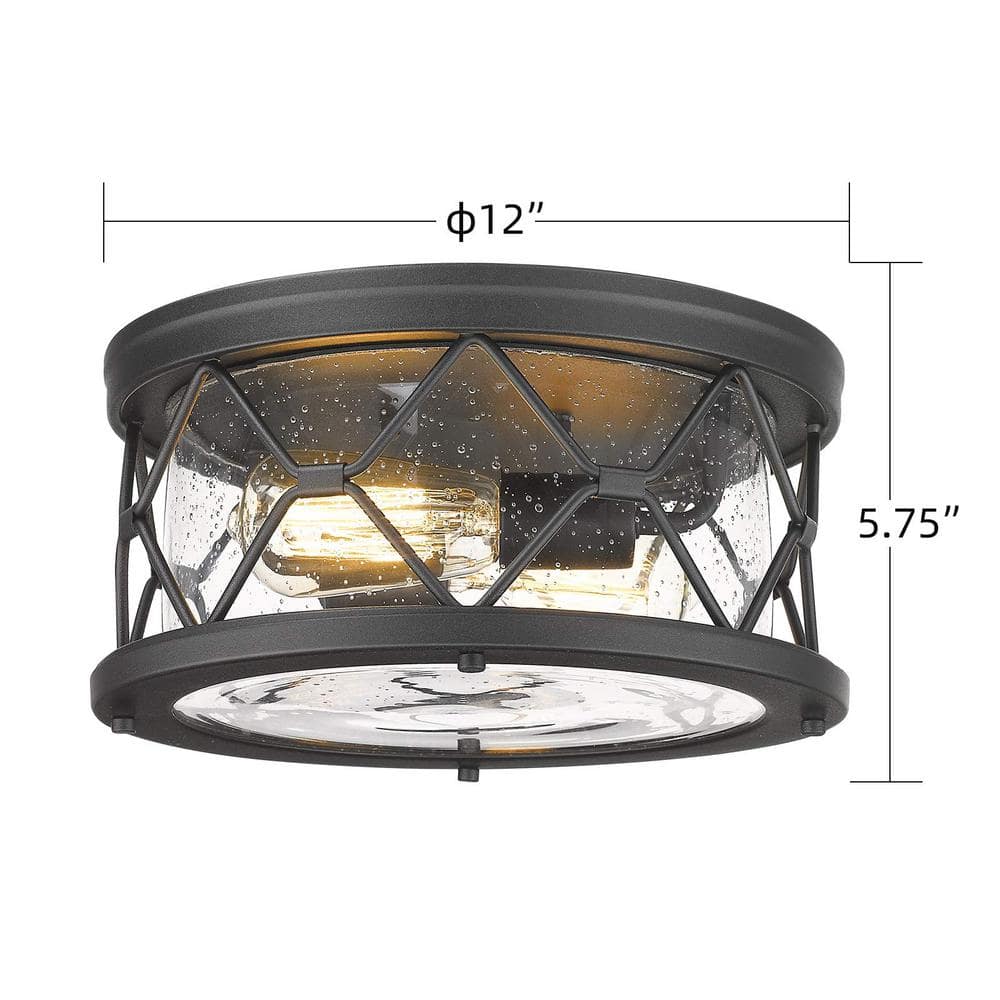 12 in. 2-Light Black Finish with Seeded Glass Shade Ceiling Flush Mount Light - Hercitys