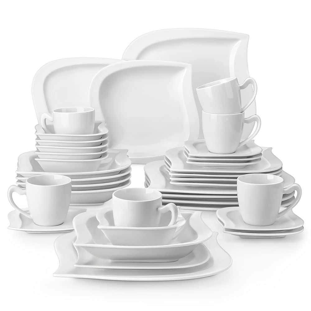 36-Piece Ivory White Porcelain Dinnerware Set (Service for 6) Dining Set with Plates Bowls Cups and Saucers - Hercitys