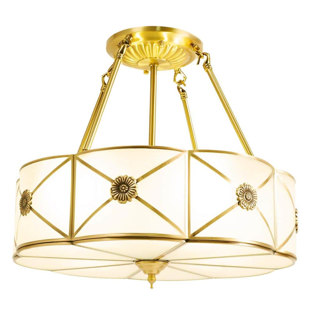 18 in. 4-Light Classical Style Gold Semi-Flush Mount Ceiling Light with Glass Lampshade - Hercitys