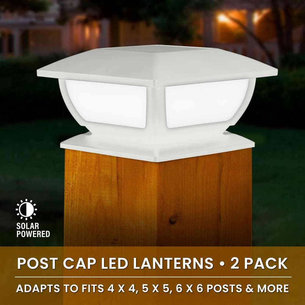 2-Lights White Plastic Solar Powered Outdoor Weather Resistant Cap Post Light with Integrated LED - Hercitys