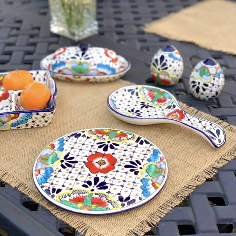 1-Piece Dots and Flowers Mexican Pottery Ceramic Spoon Rest - Hercitys