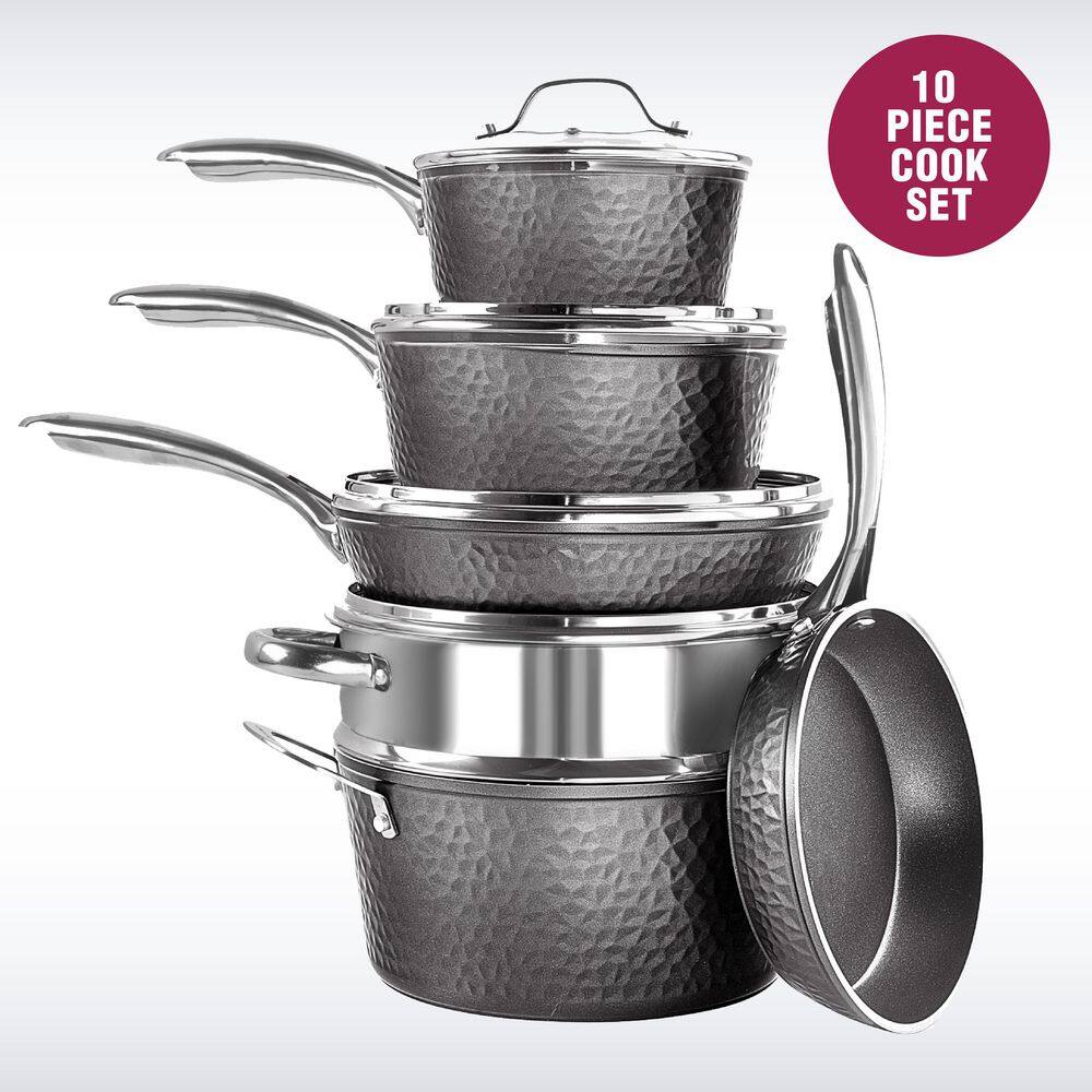 10-Piece Aluminum Hammered Ultra-Durable Non-Stick Diamond Infused Cookware Set in Pewter - Hercitys