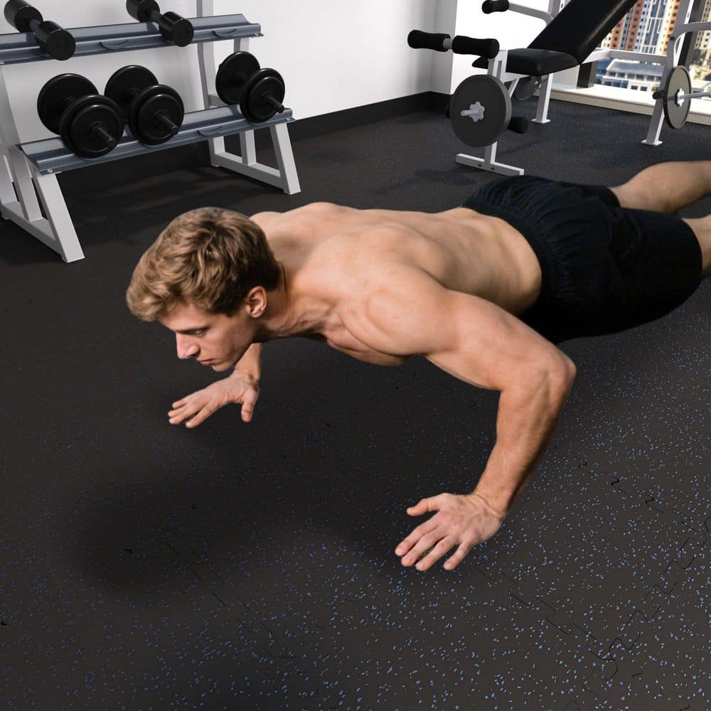 24 in. x 24 in. x 0.55 in. Thick Rubber EVA Gym Flooring Tiles, Interlocking Anti-Fatigue Tiles, Black/Blue (48 sq. ft.) - Hercitys