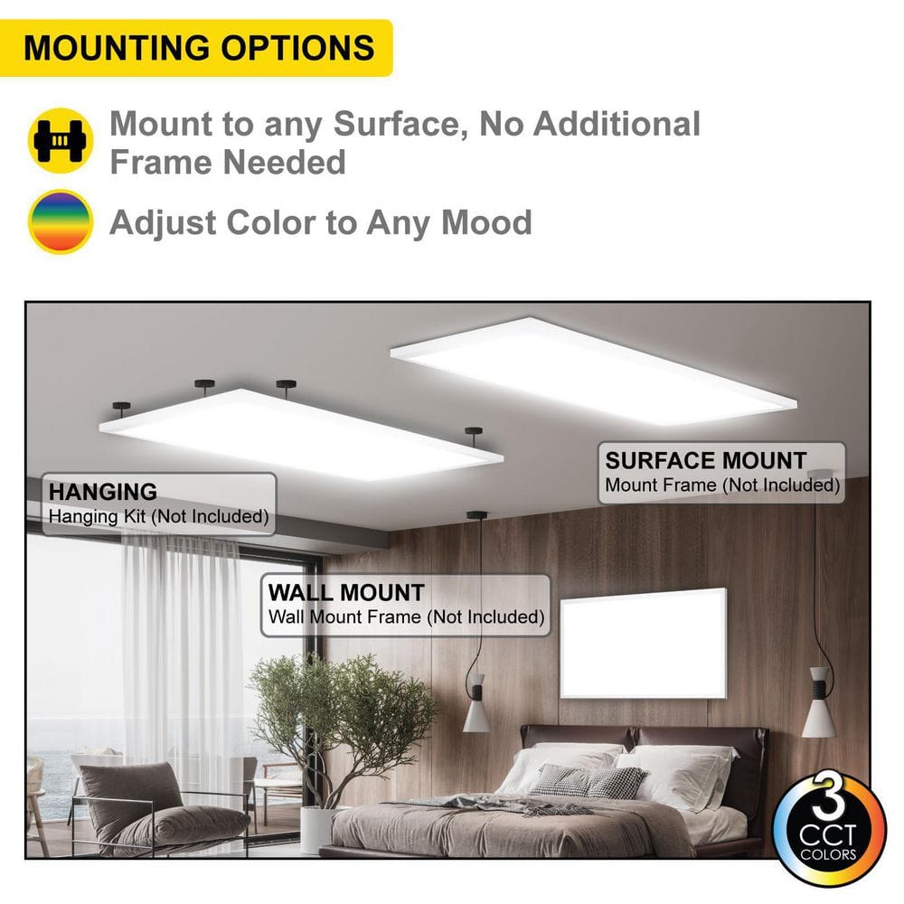 1 ft. x 4 ft. LED Thin Flush Surface Mount Panel W/Built in Internal Driver, 5 CCT 2700K to 5000K, Dimmable, (2-Pack) - Hercitys