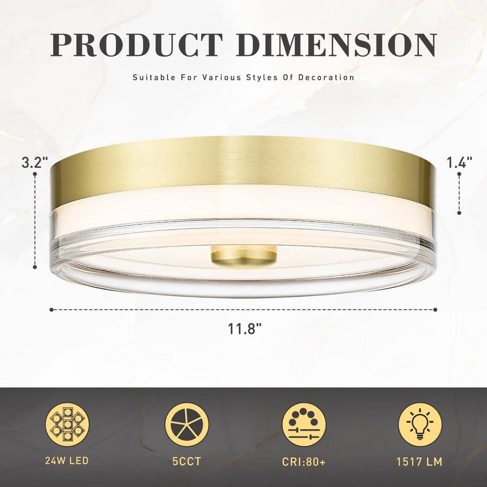 11.8 In. 5CCT Light Gold Finish Fixtures Flush MountCeiling Mount 24W LED Ceiling Light for Hallway Bedroom - Hercitys