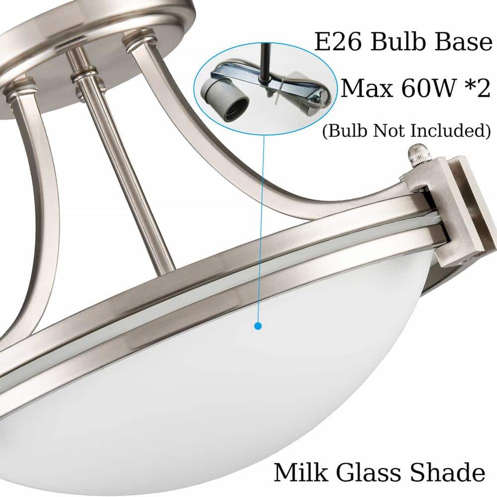 14.57 in. 2-Light Nickel Flush Mount with Frosted Glass Shade and No Light Bulb Type Included (1-Pack) - Hercitys