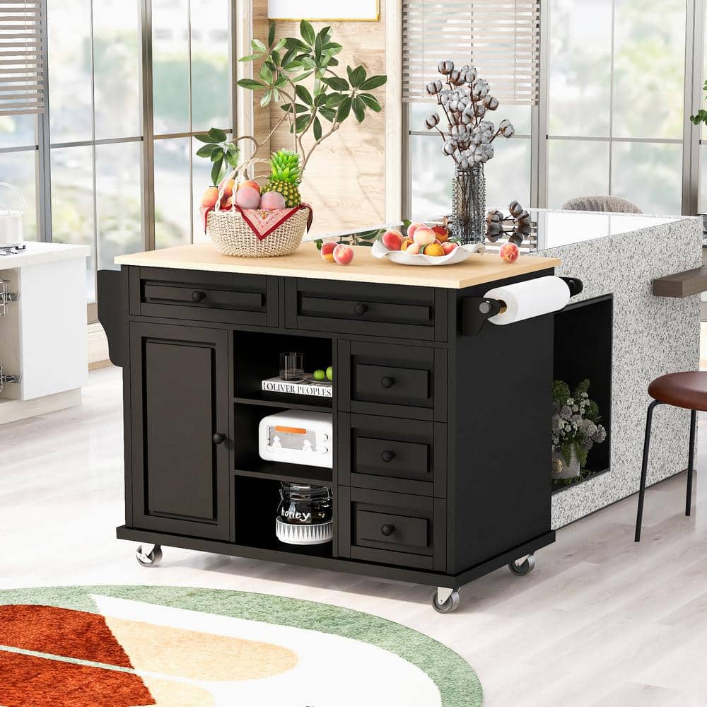 53 in. Black Rubber Wood Top Kitchen Cart Island with Storage, 5-Drawers, Rolling Wheels, and Mobile Design - Hercitys