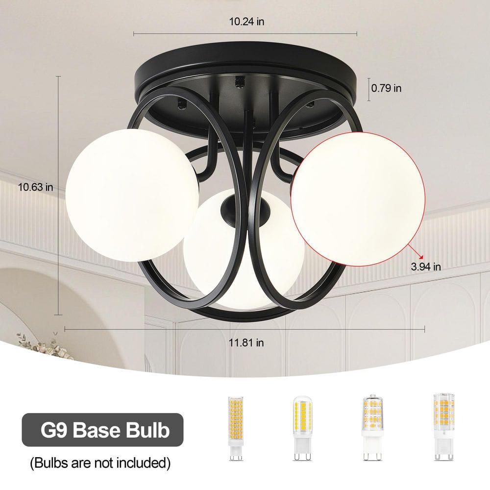 11.81 in. 3-Light Black Industrial Semi-Flush Mount Ceiling Light with Frosted Glass Shade - Hercitys