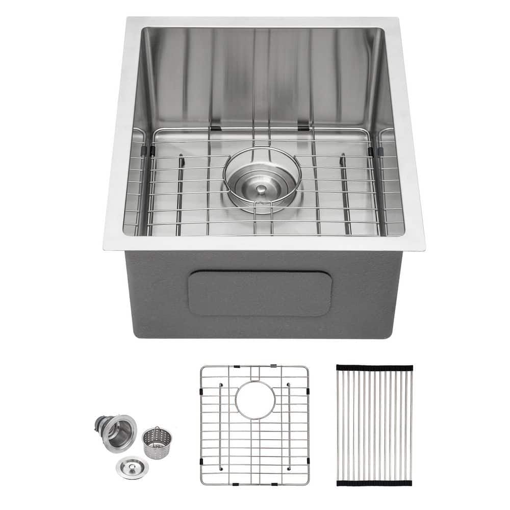 15 in. Undermount Single Bowl 16-Gague Stainless Steel Kitchen Sink with Basket Strainer and Bottom Grid - Hercitys