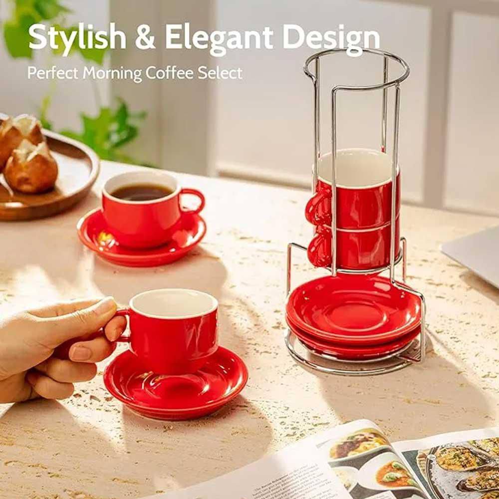 4 oz. Red Porcelain Stackable Espresso Cups with Saucers and Metal Stand (Set of 4) - Hercitys