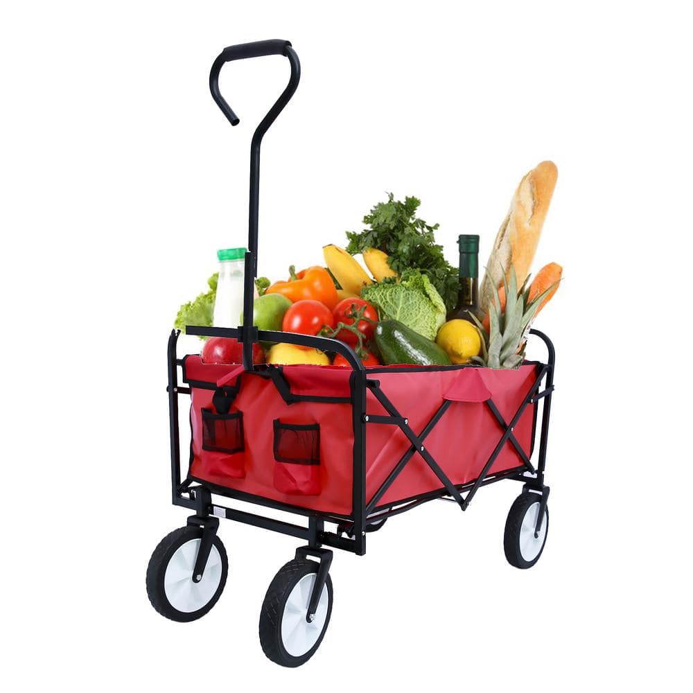 3.63 cu. ft. Fabric Folding Wagon Garden Cart Shopping Beach Cart in Red - Hercitys