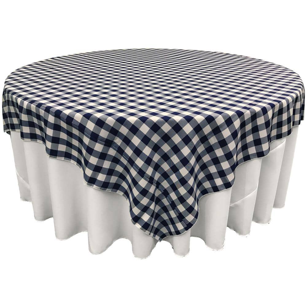 “72 in. x 72 in. White and Navy Polyester Gingham Checkered Square Tablecloth” - Hercitys