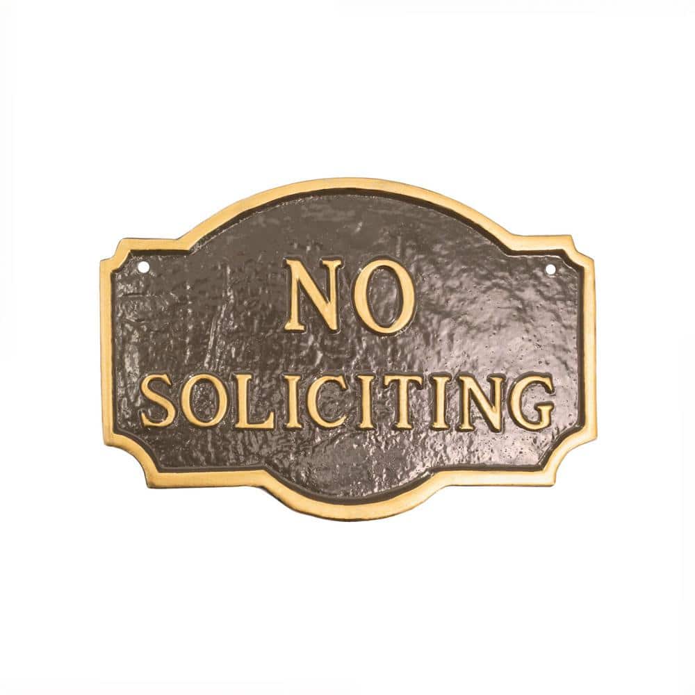4.5 in. x 7.15 in. Petite Montague No Soliciting Statement Plaque Sign with Lawn Stake – Oil Rubbed/Gold - Hercitys