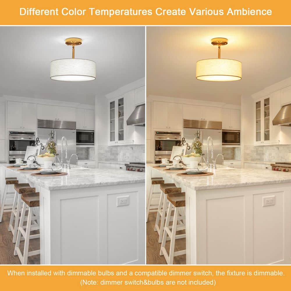 12.6 in. 3-Light Gold Farmhouse Drum Semi-Flush Mount Light with Linen Cover - Hercitys