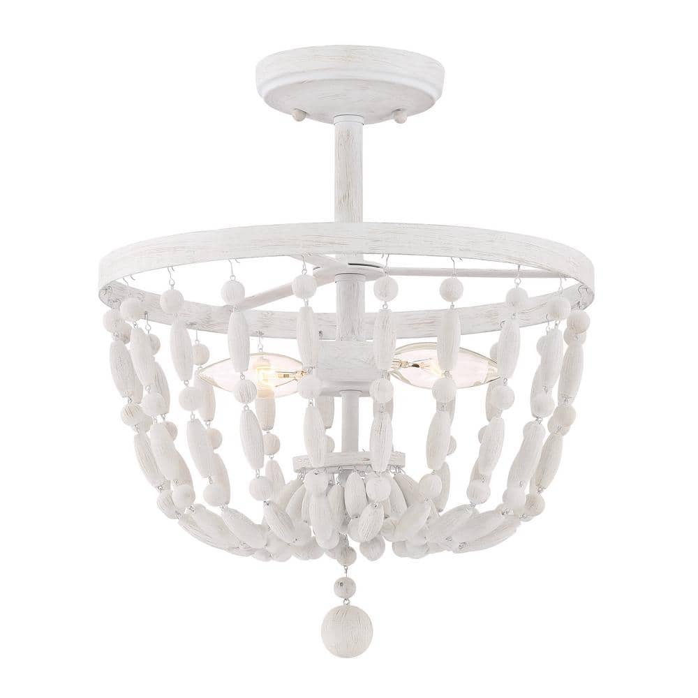 13 in. W x 15 in. H 2-Light Distressed Wood Semi-Flush Mount Ceiling Light with Bead Accents - Hercitys