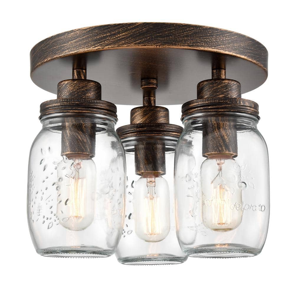 12.99 in. 3-Light Black Flush Mount with Clear Glass Shade and No Light Bulb Type Included (1-Pack) - Hercitys