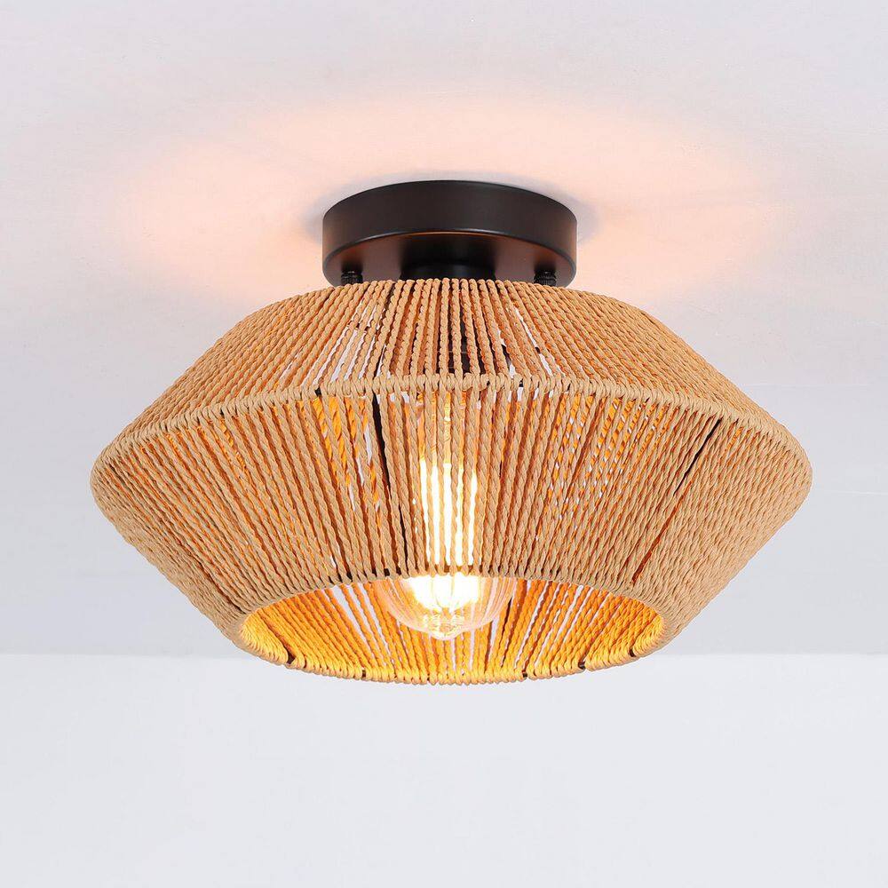 13 in. 1-Light Rustic Brown Cage Rattan Semi-Flush Mount for Bedroom Aisle Entryway - Hercitys