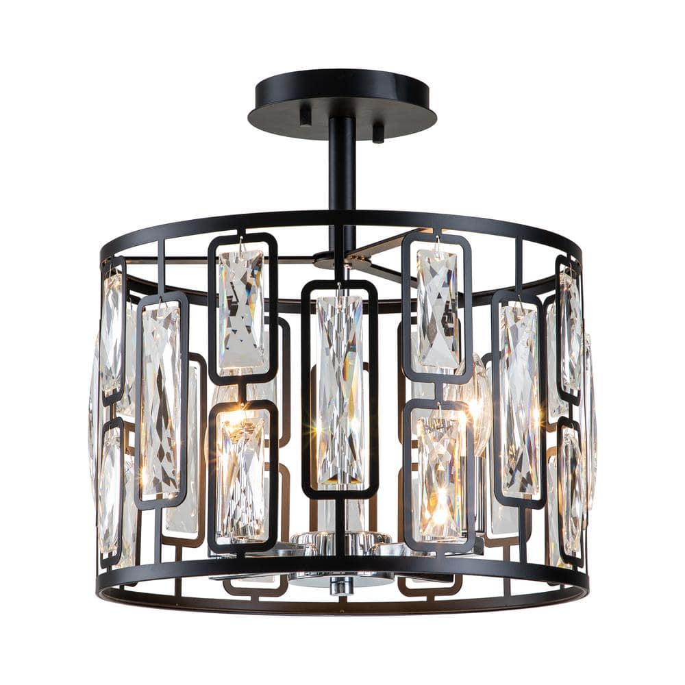13.5 in. 4-Light Black Semi Flush Mount with Clear Crystals - Hercitys
